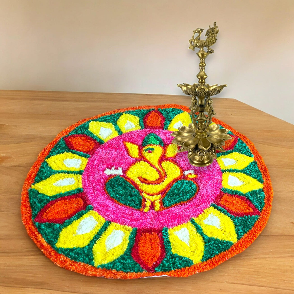 Faux Fur Yarn Wool Ganesha Rangoli Mat Canvas Base Aasan Indian Traditional Puja Mat for Home Temple Decor - Multipurpose Pooja Festival Decorations Diwali Housewarming Gift (3 Ft Round) - LoveNspire