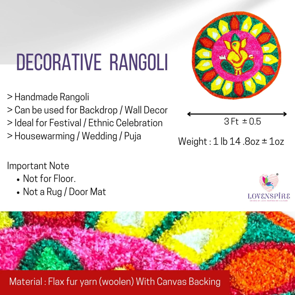 Faux Fur Yarn Wool Ganesha Rangoli Mat Canvas Base Aasan Indian Traditional Puja Mat for Home Temple Decor - Multipurpose Pooja Festival Decorations Diwali Housewarming Gift (3 Ft Round) - LoveNspire