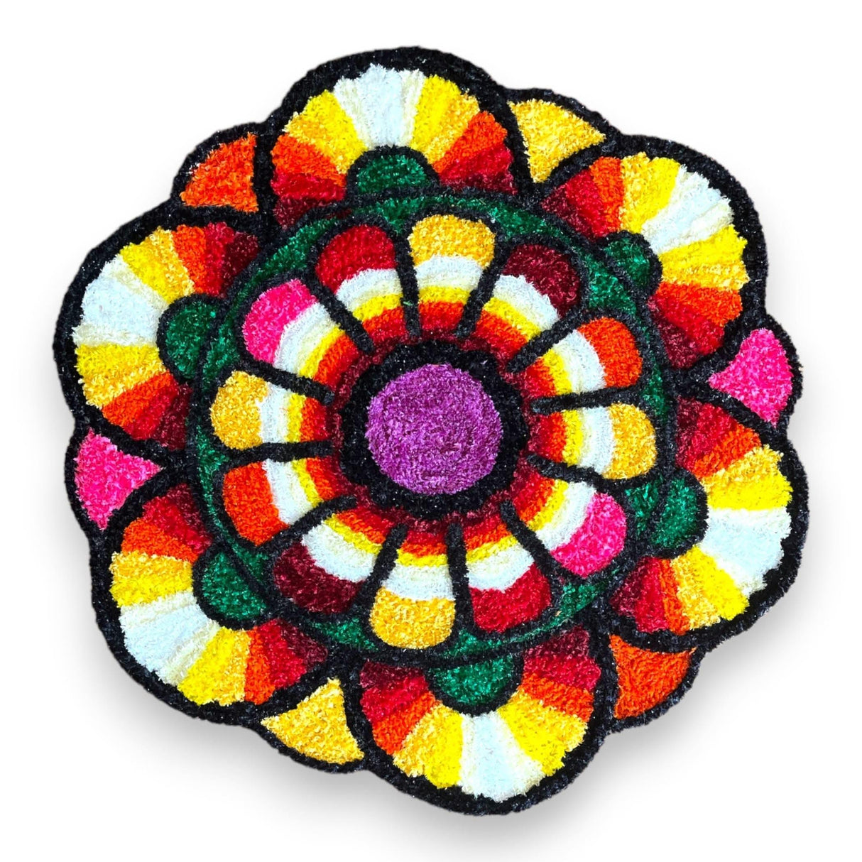 Faux Fur Yarn Wool Flower Rangoli Mat Canvas Base Aasan Indian Traditional Puja Mat for Home Temple Decor - Multipurpose Pooja Festival Decorations Diwali Housewarming Gift (3 Ft Round) - LoveNspire