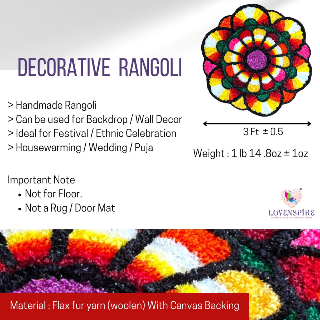 Faux Fur Yarn Wool Flower Rangoli Mat Canvas Base Aasan Indian Traditional Puja Mat for Home Temple Decor - Multipurpose Pooja Festival Decorations Diwali Housewarming Gift (3 Ft Round) - LoveNspire