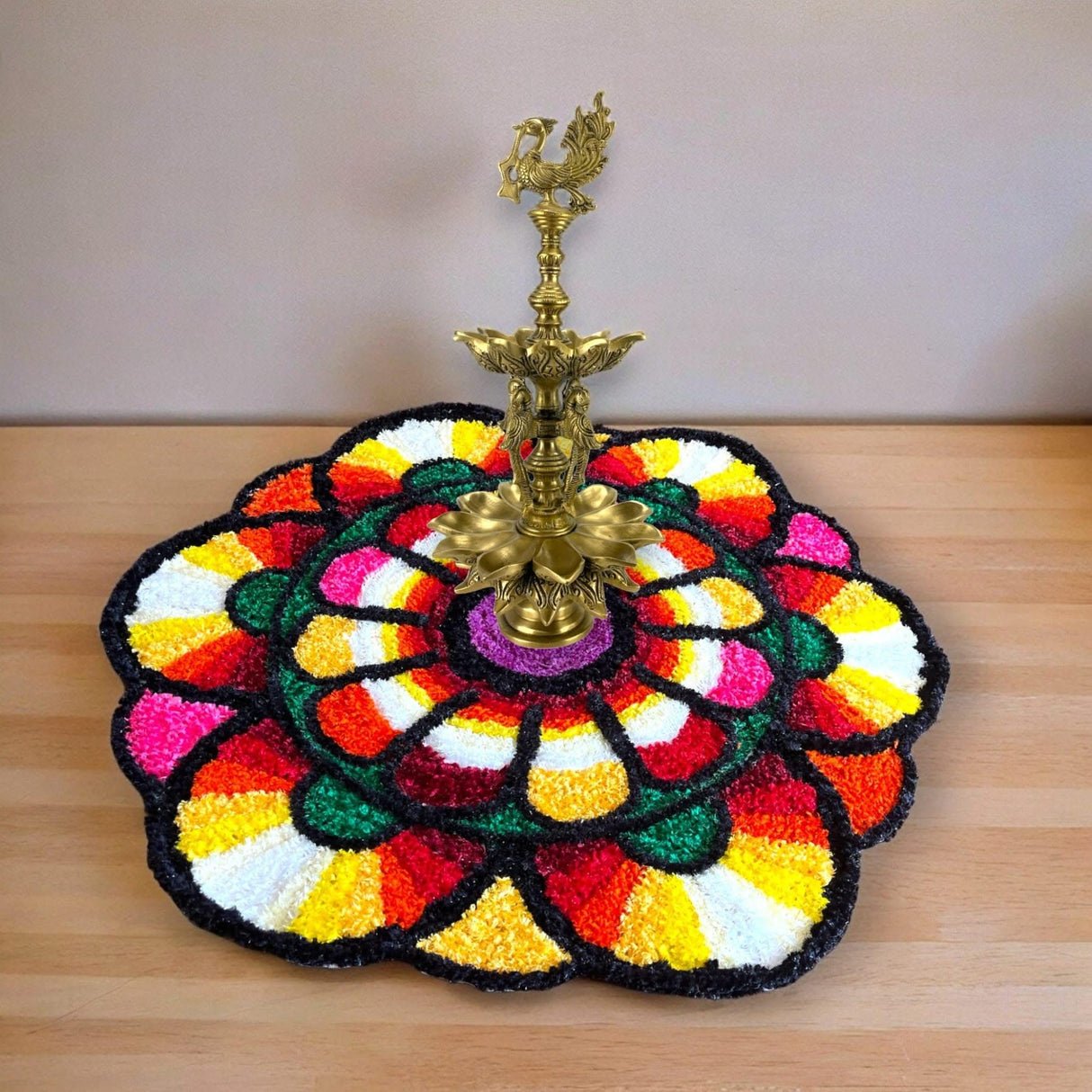 Faux Fur Yarn Wool Flower Rangoli Mat Canvas Base Aasan Indian Traditional Puja Mat for Home Temple Decor - Multipurpose Pooja Festival Decorations Diwali Housewarming Gift (3 Ft Round) - LoveNspire