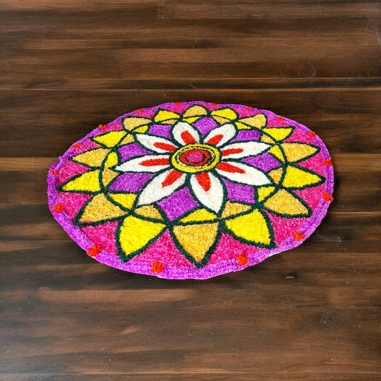 Faux Fur Yarn Wool Rangoli Mat Canvas Base Aasan Indian Traditional Puja Mat for Home Temple Decor - Multipurpose Pooja Festival New Year Decorations Diwali Housewarming Gift (3 Ft Round) - LoveNspire