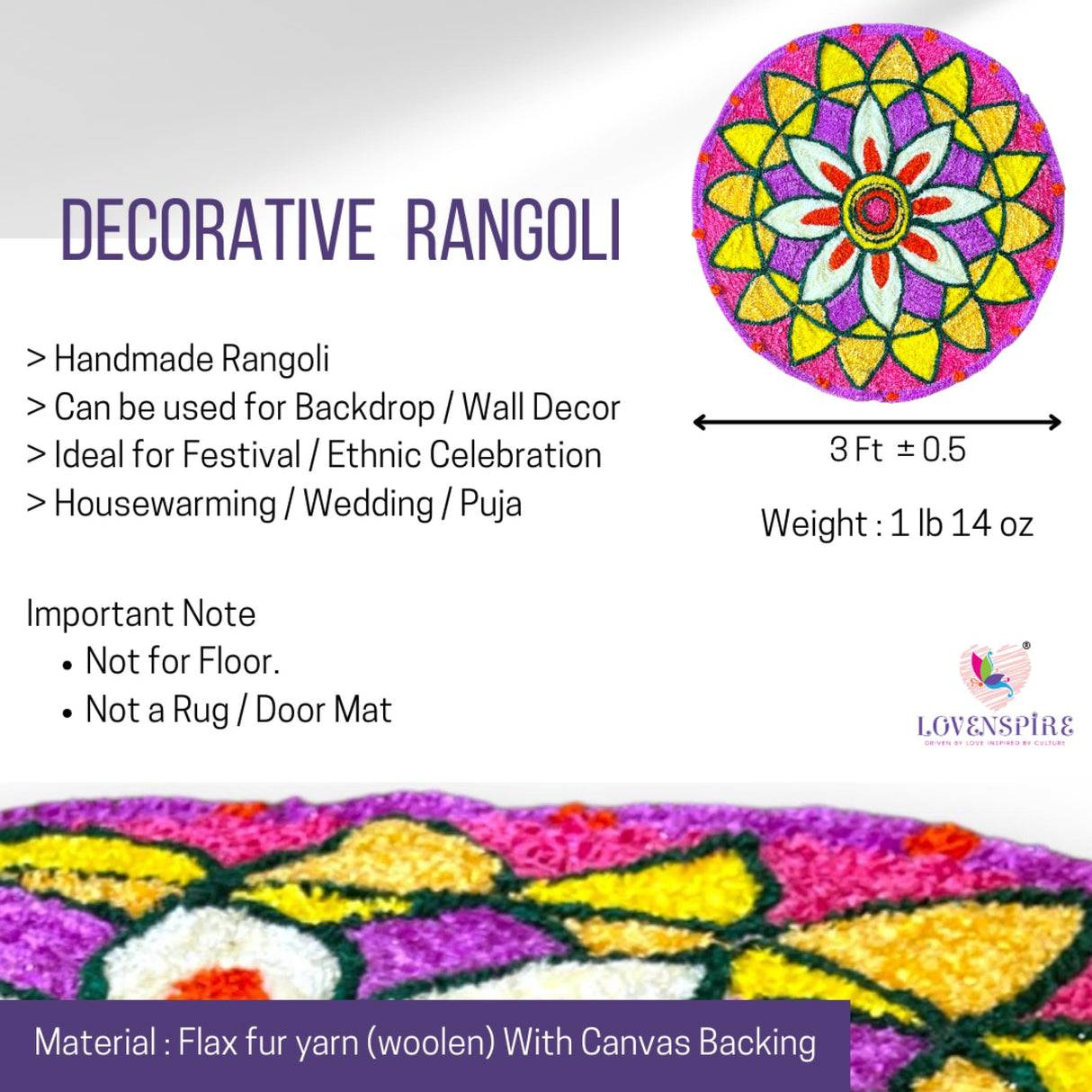 Faux Fur Yarn Wool Rangoli Mat Canvas Base Aasan Indian Traditional Puja Mat for Home Temple Decor - Multipurpose Pooja Festival New Year Decorations Diwali Housewarming Gift (3 Ft Round) - LoveNspire