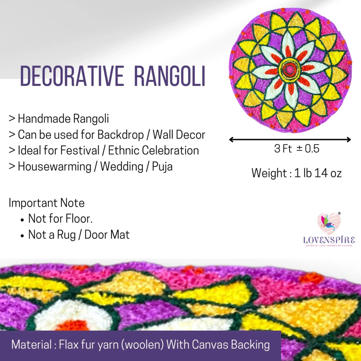 Faux Fur Yarn Wool Rangoli Mat Canvas Base Aasan Indian Traditional Puja Mat for Home Temple Decor - Multipurpose Pooja Festival New Year Decorations Diwali Housewarming Gift (3 Ft Round) - LoveNspire