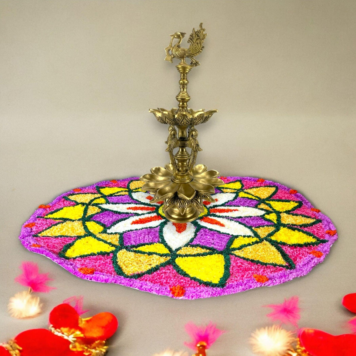 Faux Fur Yarn Wool Rangoli Mat Canvas Base Aasan Indian Traditional Puja Mat for Home Temple Decor - Multipurpose Pooja Festival New Year Decorations Diwali Housewarming Gift (3 Ft Round) - LoveNspire