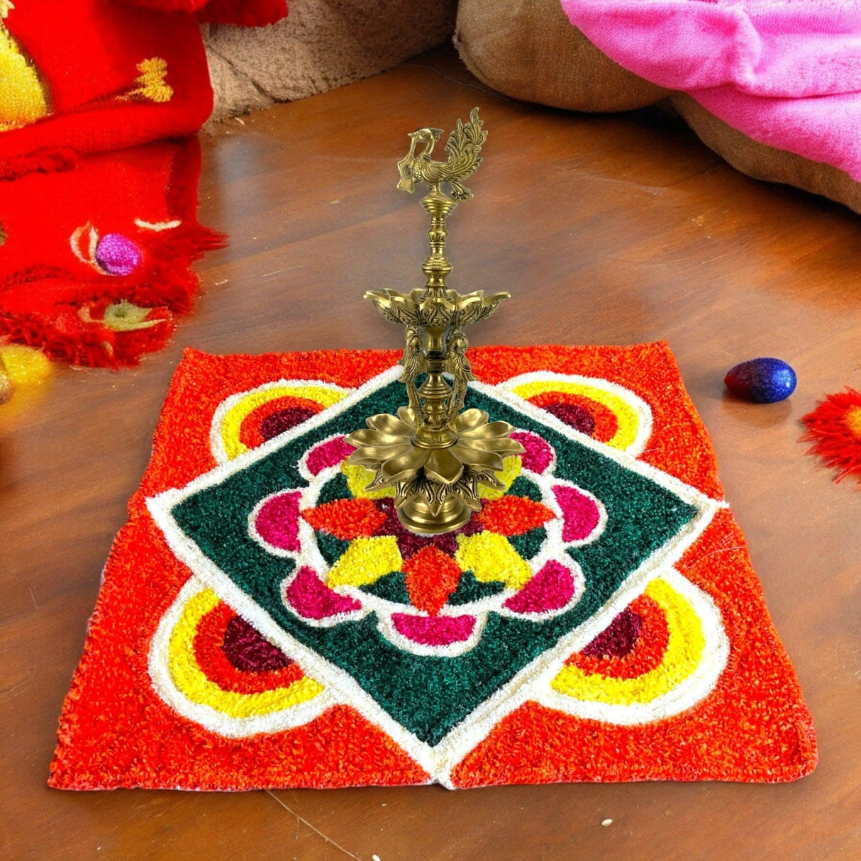 Faux Fur Yarn Wool Rangoli Mat Canvas Base Aasan Indian Traditional Puja Mat for Home Temple Decor - Multipurpose Pooja Festival Decorations Diwali Housewarming Gift (3 Ft Rectangular) - LoveNspire