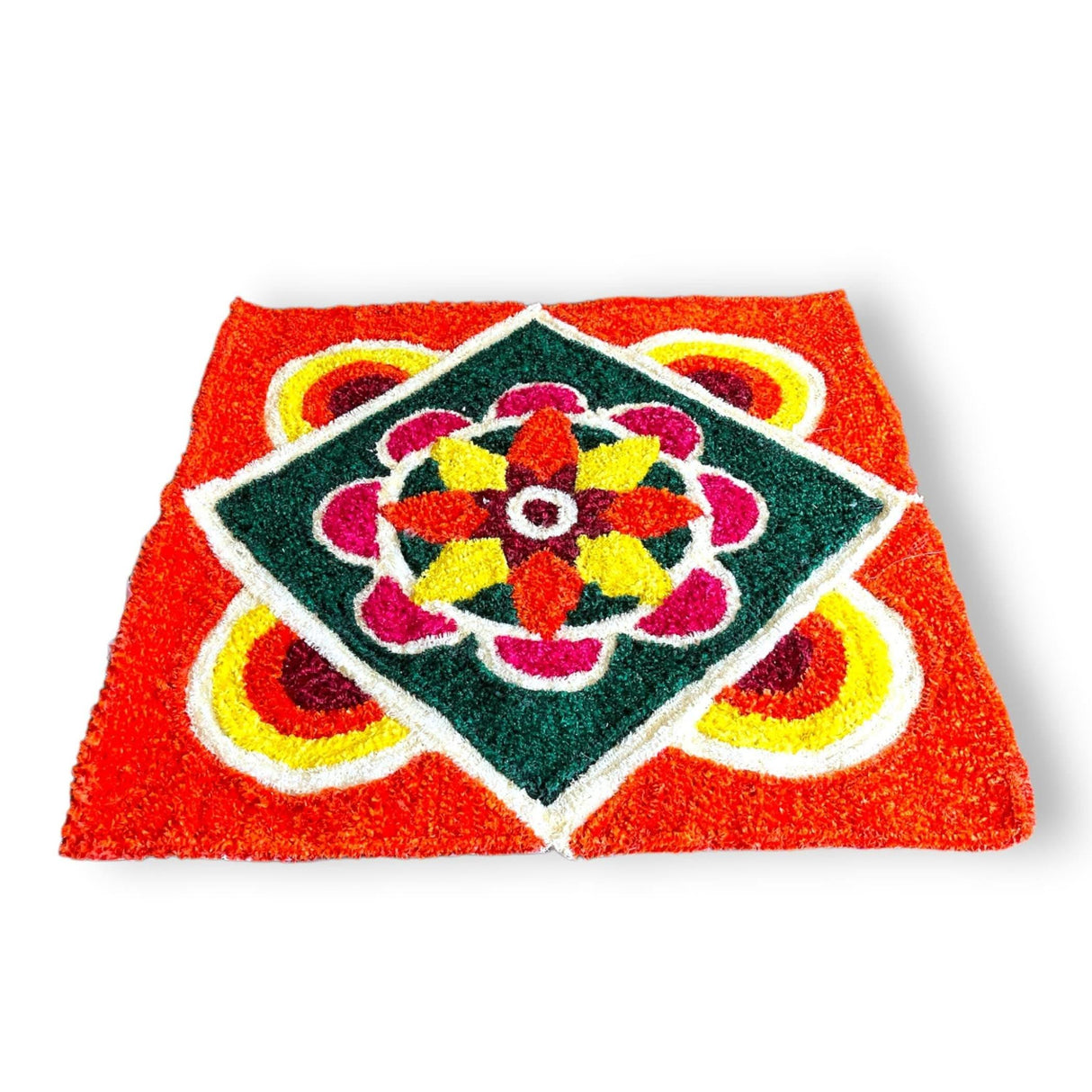 Faux Fur Yarn Wool Rangoli Mat Canvas Base Aasan Indian Traditional Puja Mat for Home Temple Decor - Multipurpose Pooja Festival Decorations Diwali Housewarming Gift (3 Ft Rectangular) - LoveNspire