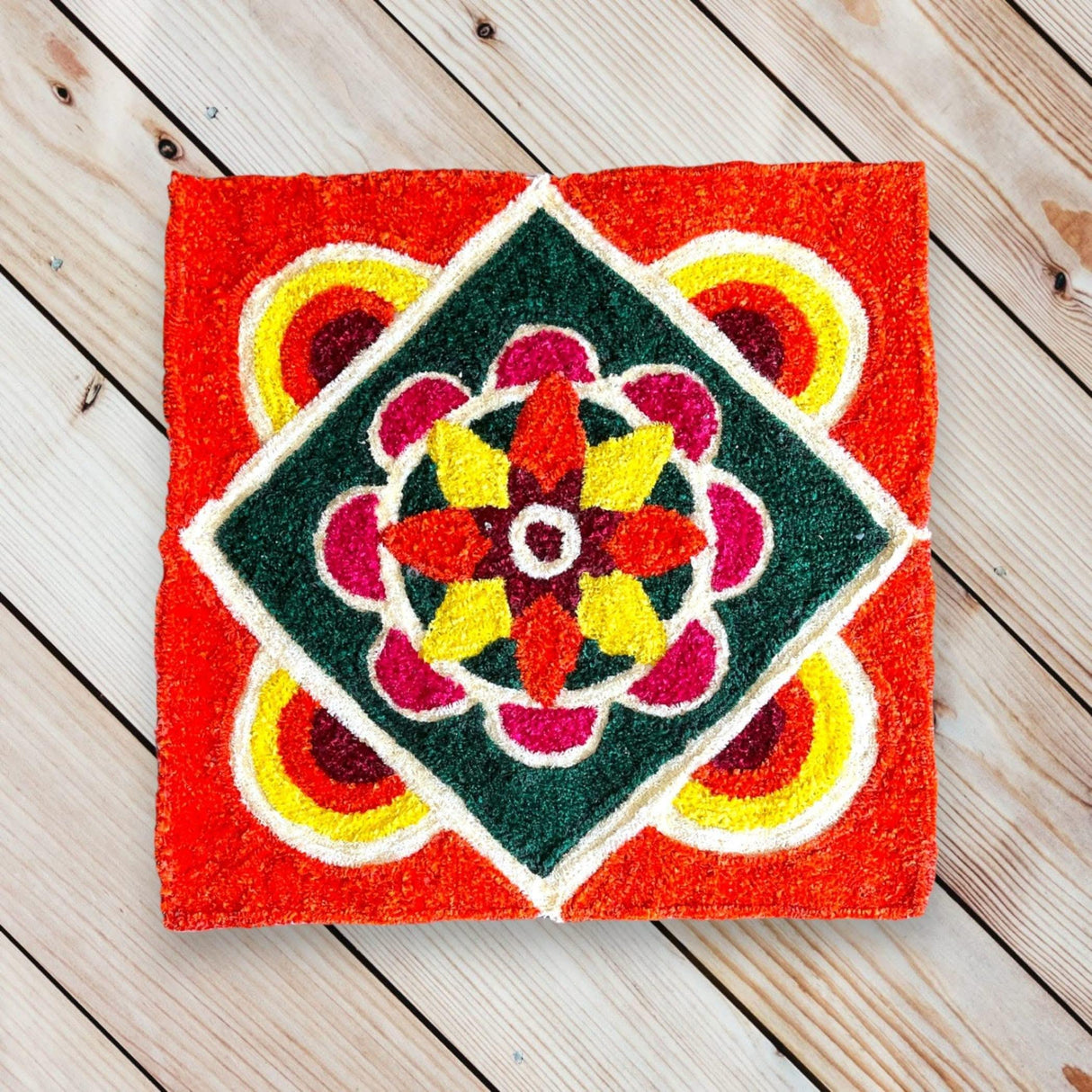 Faux Fur Yarn Wool Rangoli Mat Canvas Base Aasan Indian Traditional Puja Mat for Home Temple Decor - Multipurpose Pooja Festival Decorations Diwali Housewarming Gift (3 Ft Rectangular) - LoveNspire
