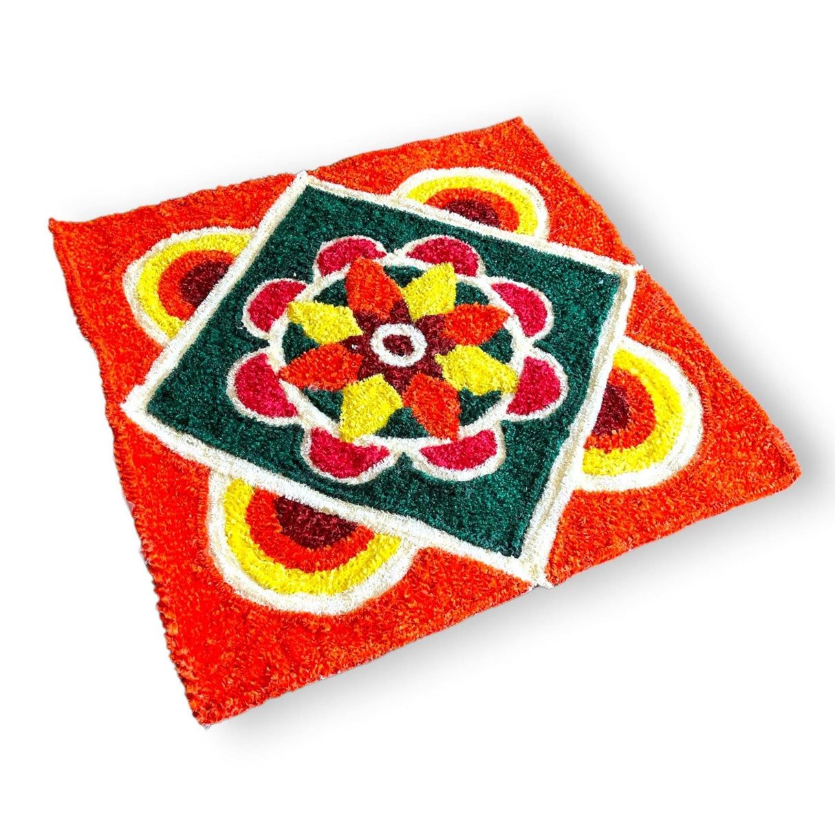 Faux Fur Yarn Wool Rangoli Mat Canvas Base Aasan Indian Traditional Puja Mat for Home Temple Decor - Multipurpose Pooja Festival Decorations Diwali Housewarming Gift (3 Ft Rectangular) - LoveNspire