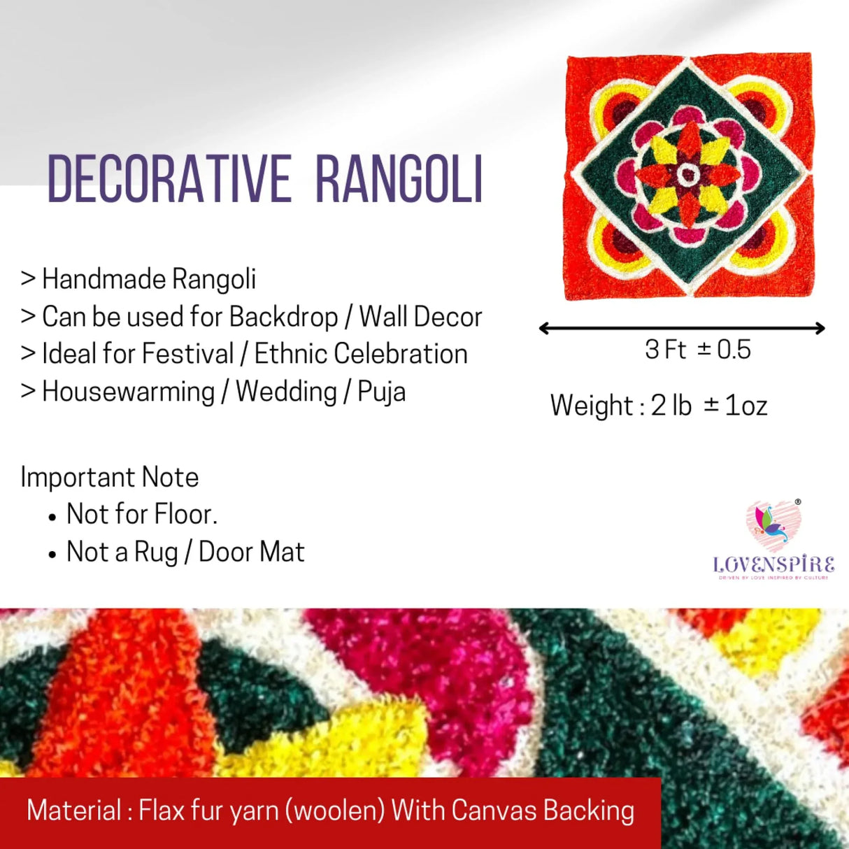 Faux Fur Yarn Wool Rangoli Mat Canvas Base Aasan Indian Traditional Puja Mat for Home Temple Decor - Multipurpose Pooja Festival Decorations Diwali Housewarming Gift (3 Ft Rectangular) - LoveNspire