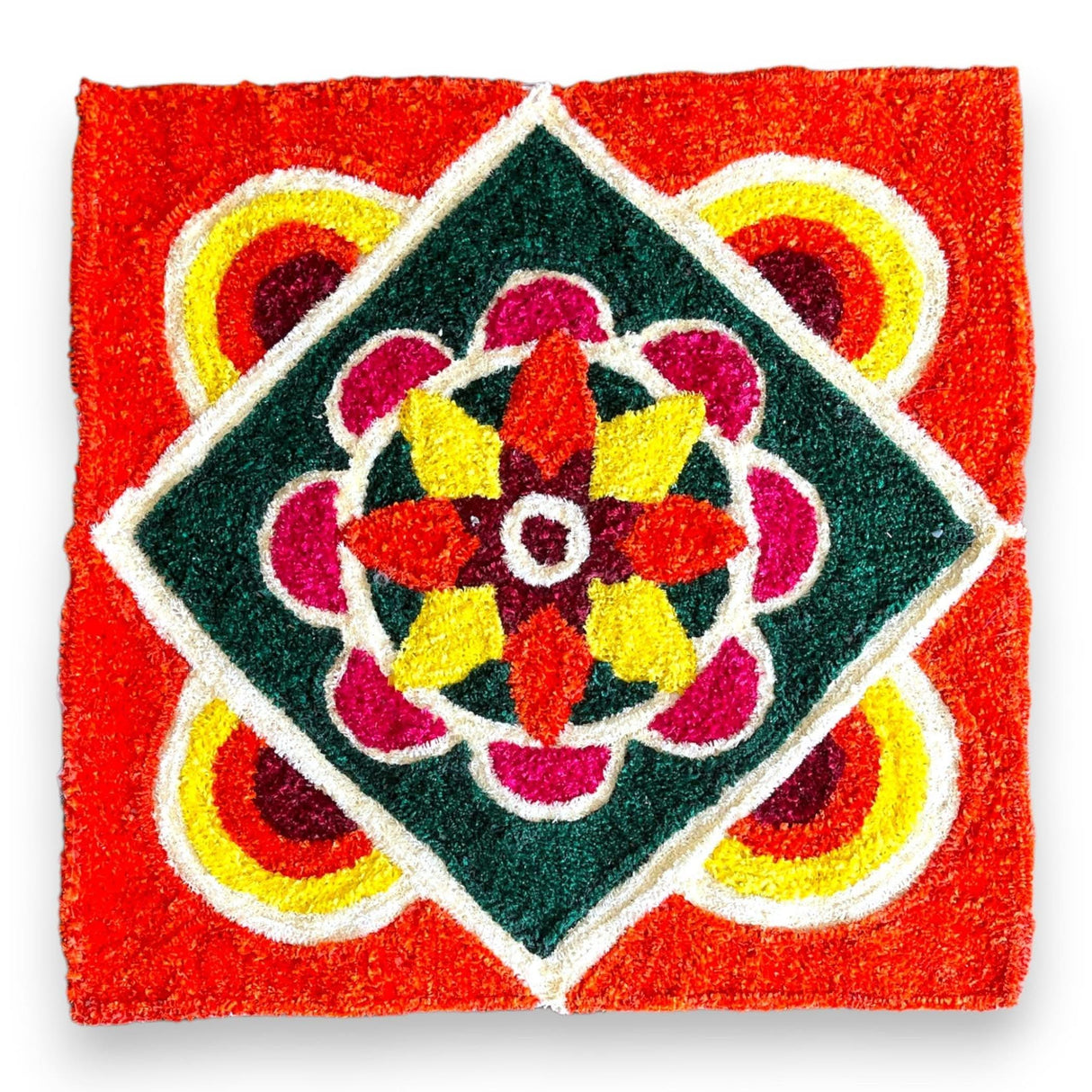 Faux Fur Yarn Wool Rangoli Mat Canvas Base Aasan Indian Traditional Puja Mat for Home Temple Decor - Multipurpose Pooja Festival Decorations Diwali Housewarming Gift (3 Ft Rectangular) - LoveNspire