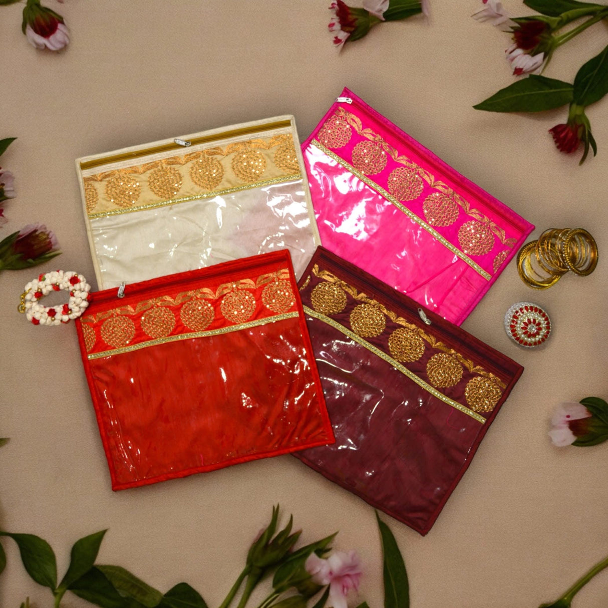 Pack of 4 Assorted Sari Bag with Zipper Closure Transparent Saree Cover Wardrobe Clothes Organiser Sari Storage Bag Indian Wedding Favor Cloth Case Gift Packing - Birthday Anniversary - LoveNspire