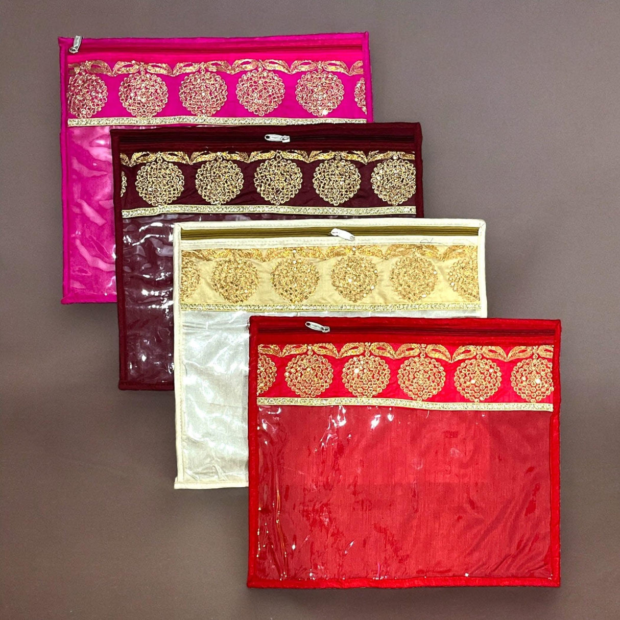 Pack of 4 Assorted Sari Bag with Zipper Closure Transparent Saree Cover Wardrobe Clothes Organiser Sari Storage Bag Indian Wedding Favor Cloth Case Gift Packing - Birthday Anniversary - LoveNspire
