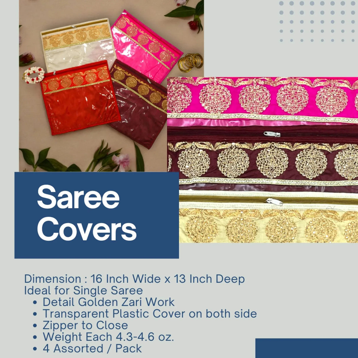 Pack of 4 Assorted Sari Bag with Zipper Closure Transparent Saree Cover Wardrobe Clothes Organiser Sari Storage Bag Indian Wedding Favor Cloth Case Gift Packing - Birthday Anniversary - LoveNspire