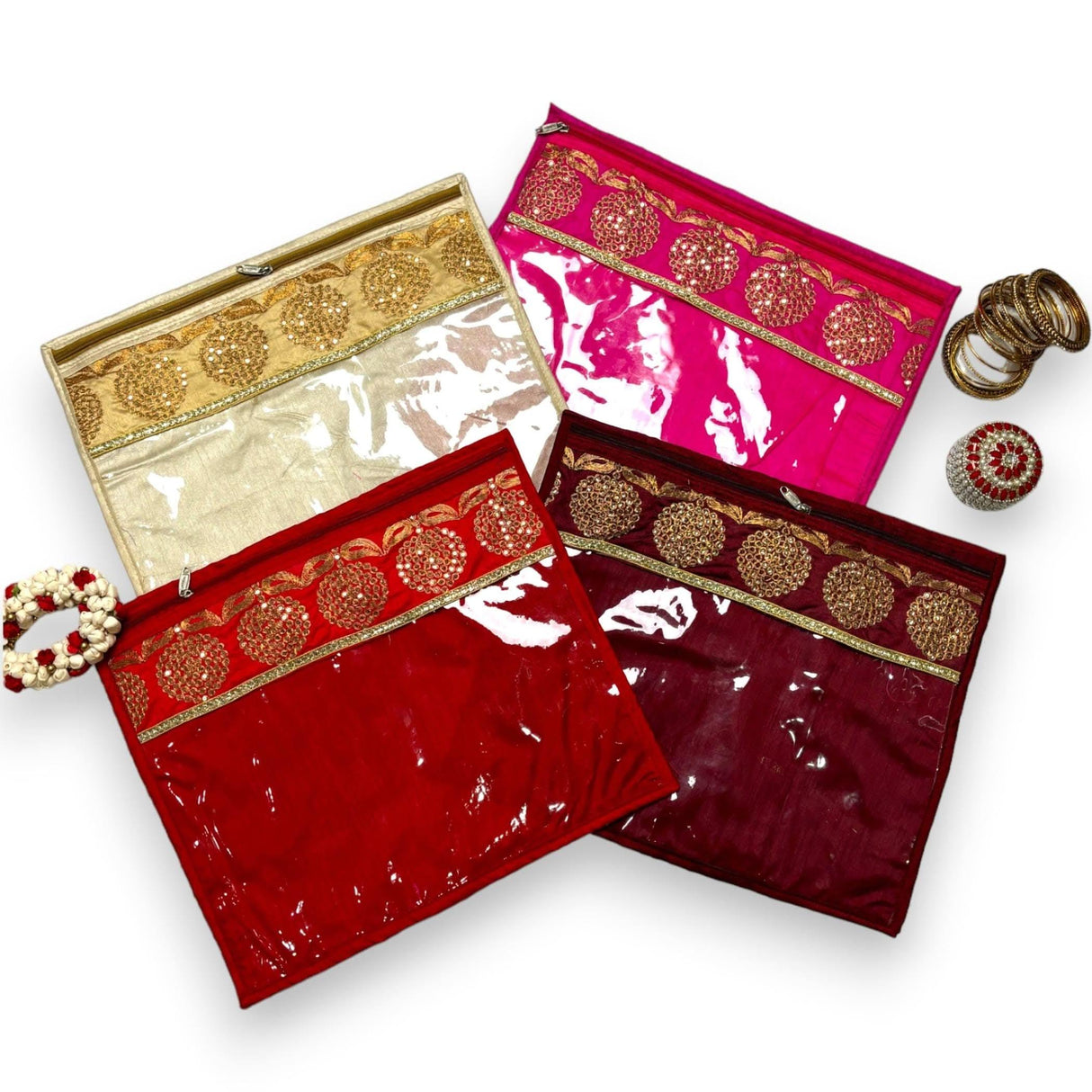 Pack of 4 Assorted Sari Bag with Zipper Closure Transparent Saree Cover Wardrobe Clothes Organiser Sari Storage Bag Indian Wedding Favor Cloth Case Gift Packing - Birthday Anniversary - LoveNspire