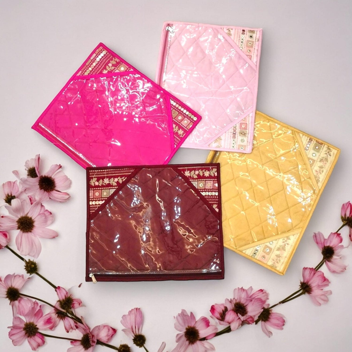 Pack of 4 Assorted Sari Bag with Zipper Closure Single Saree Cover Wardrobe Clothes Organiser Sari Storage Bag Indian Wedding Favor Cloth Case Gift Packing - LoveNspire