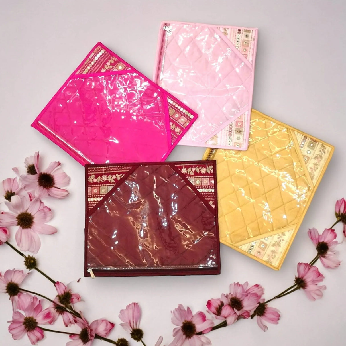 Pack of 4 Assorted Sari Bag with Zipper Closure Single Saree Cover Wardrobe Clothes Organiser Sari Storage Bag Indian Wedding Favor Cloth Case Gift Packing - LoveNspire