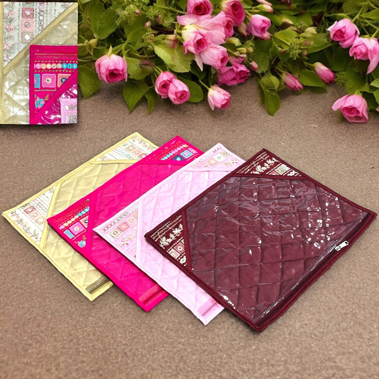 Pack of 4 Assorted Sari Bag with Zipper Closure Single Saree Cover Wardrobe Clothes Organiser Sari Storage Bag Indian Wedding Favor Cloth Case Gift Packing - LoveNspire