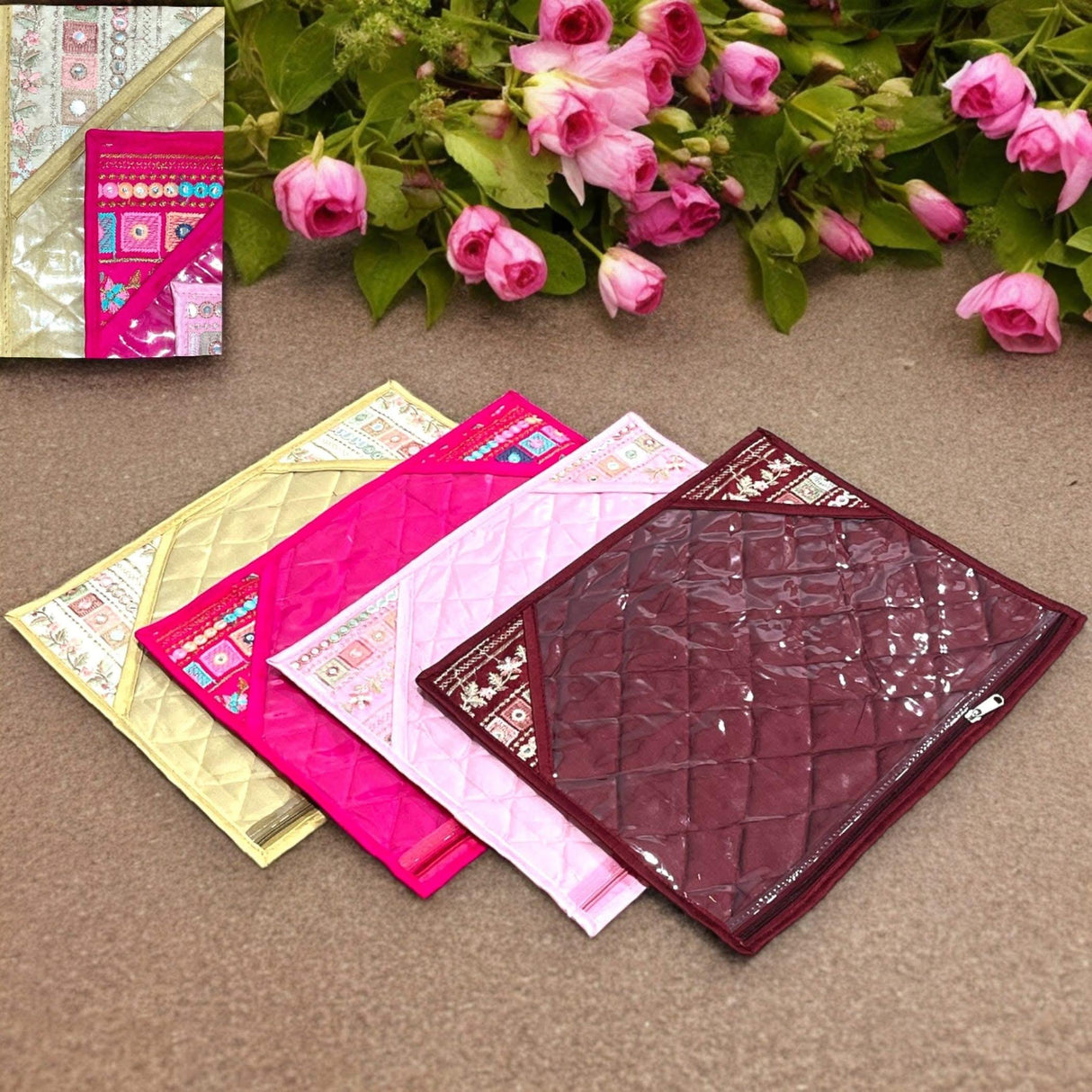 Pack of 4 Assorted Sari Bag with Zipper Closure Single Saree Cover Wardrobe Clothes Organiser Sari Storage Bag Indian Wedding Favor Cloth Case Gift Packing - LoveNspire