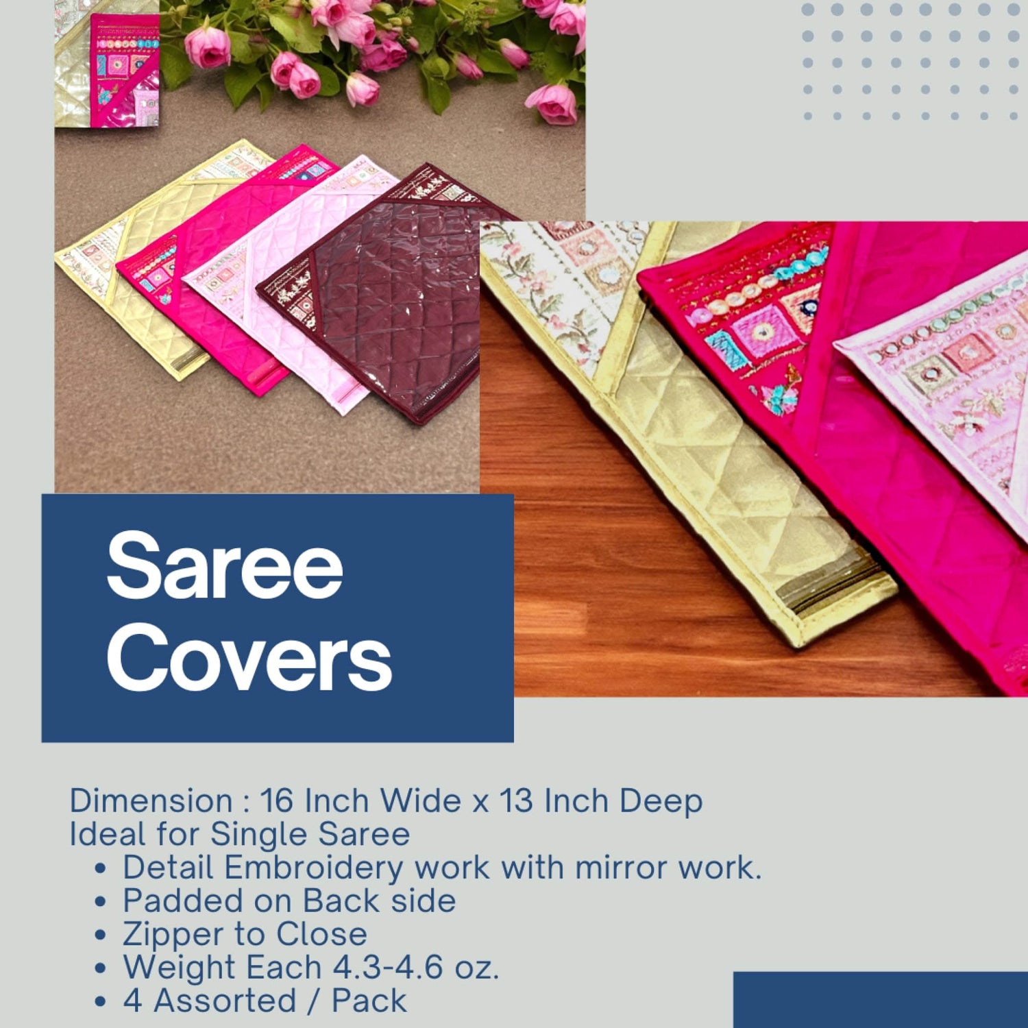 Pack of 4 Assorted Sari Bag with Zipper Closure Single Saree Cover Wardrobe Clothes Organiser Sari Storage Bag Indian Wedding Favor Cloth Case Gift Packing - LoveNspire