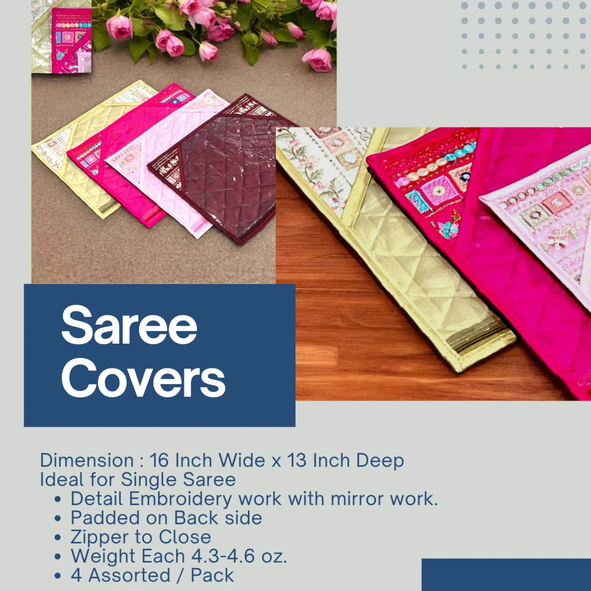 Pack of 4 Assorted Sari Bag with Zipper Closure Single Saree Cover Wardrobe Clothes Organiser Sari Storage Bag Indian Wedding Favor Cloth Case Gift Packing - LoveNspire