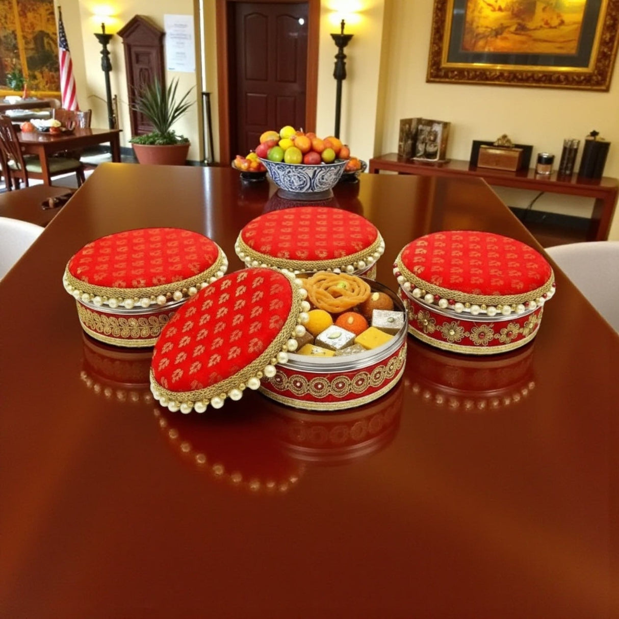 Red and gold decorative ceramic or porcelain boxes for festival sweets gifting
