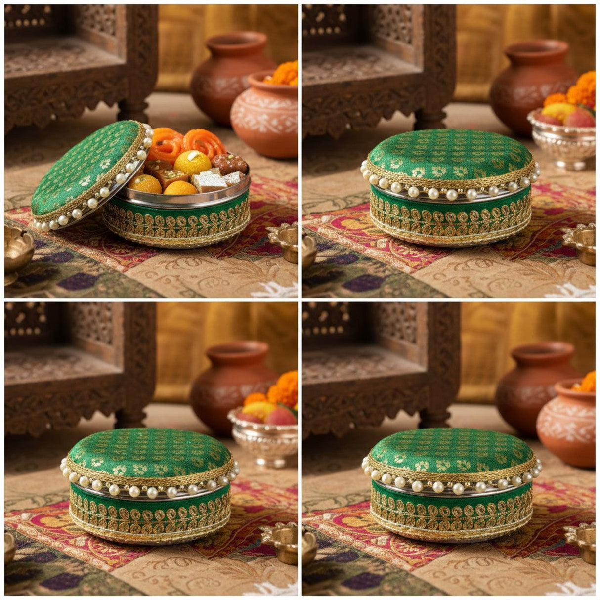 Green and gold pearl-adorned 4 Ct steel ladoo box for festivals