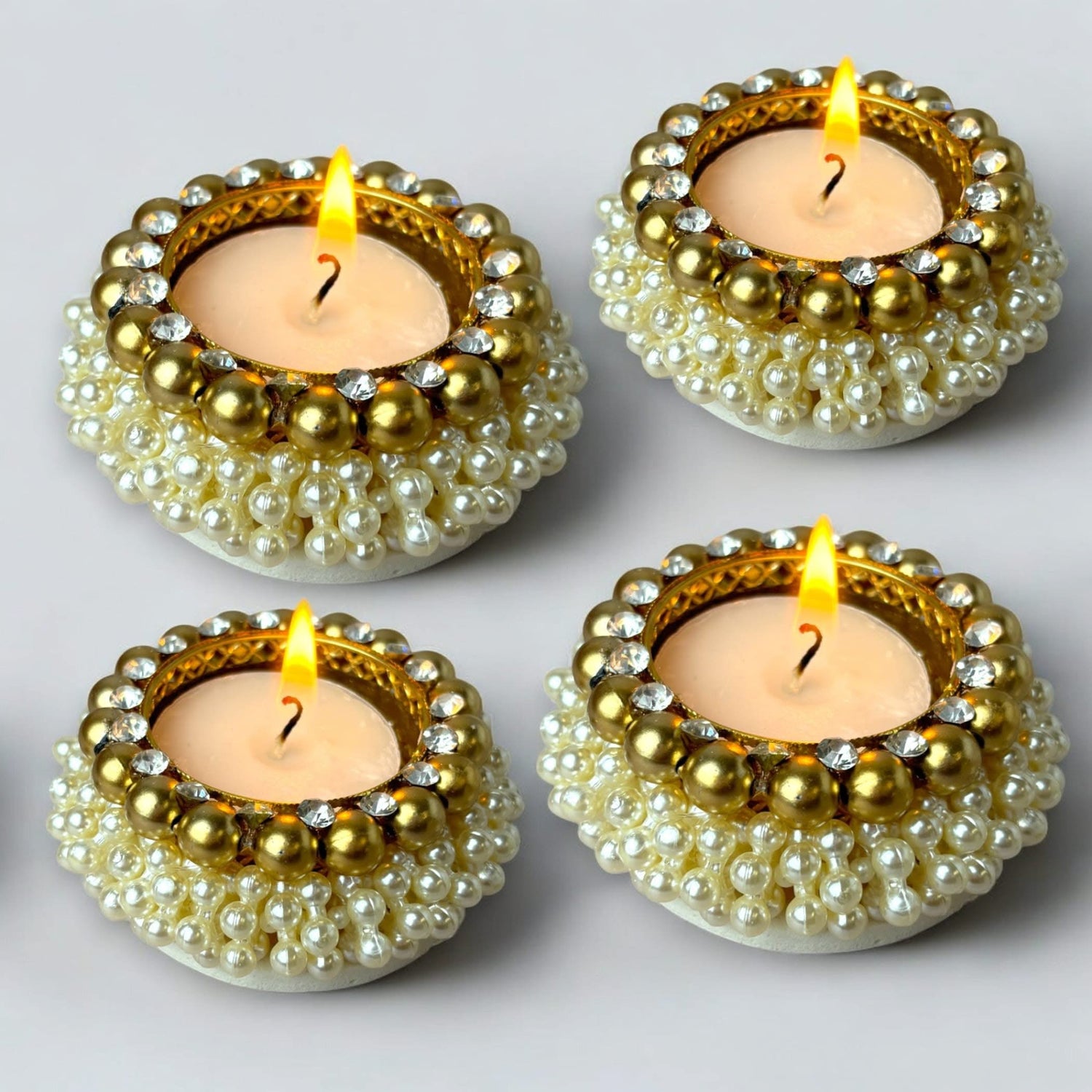 4 Pcs Pearl Tealight Candle Holder Festival of Light Decorative T-light Holder for Diwali Navratri Christmas Thanksgiving Housewarming Gift Candle Stand for Centerpiece Table Home Decor - LoveNspire