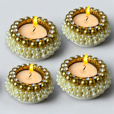 4 Pcs Pearl Tealight Candle Holder Festival of Light Decorative T-light Holder for Diwali Navratri Christmas Thanksgiving Housewarming Gift Candle Stand for Centerpiece Table Home Decor - LoveNspire