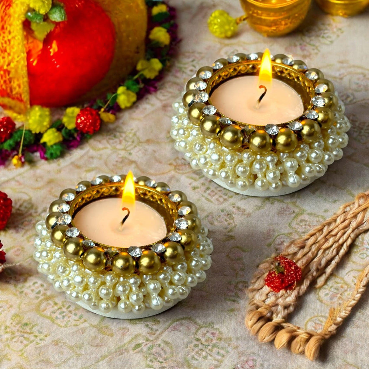 4 Pcs Pearl Tealight Candle Holder Festival of Light Decorative T-light Holder for Diwali Navratri Christmas Thanksgiving Housewarming Gift Candle Stand for Centerpiece Table Home Decor - LoveNspire