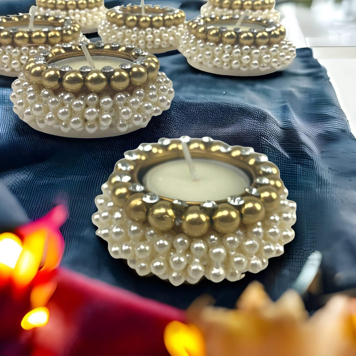 4 Pcs Pearl Tealight Candle Holder Festival of Light Decorative T-light Holder for Diwali Navratri Christmas Thanksgiving Housewarming Gift Candle Stand for Centerpiece Table Home Decor - LoveNspire