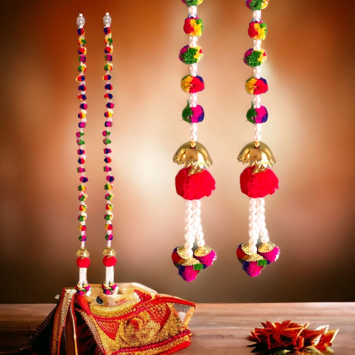 4 Strings Pompom Wall Hanging Party Backdrop Multicolor Pompom Garland Diwali Decoration Indian Wedding Favor Tapestry Wall Hanging Housewarming Gift - LoveNspire