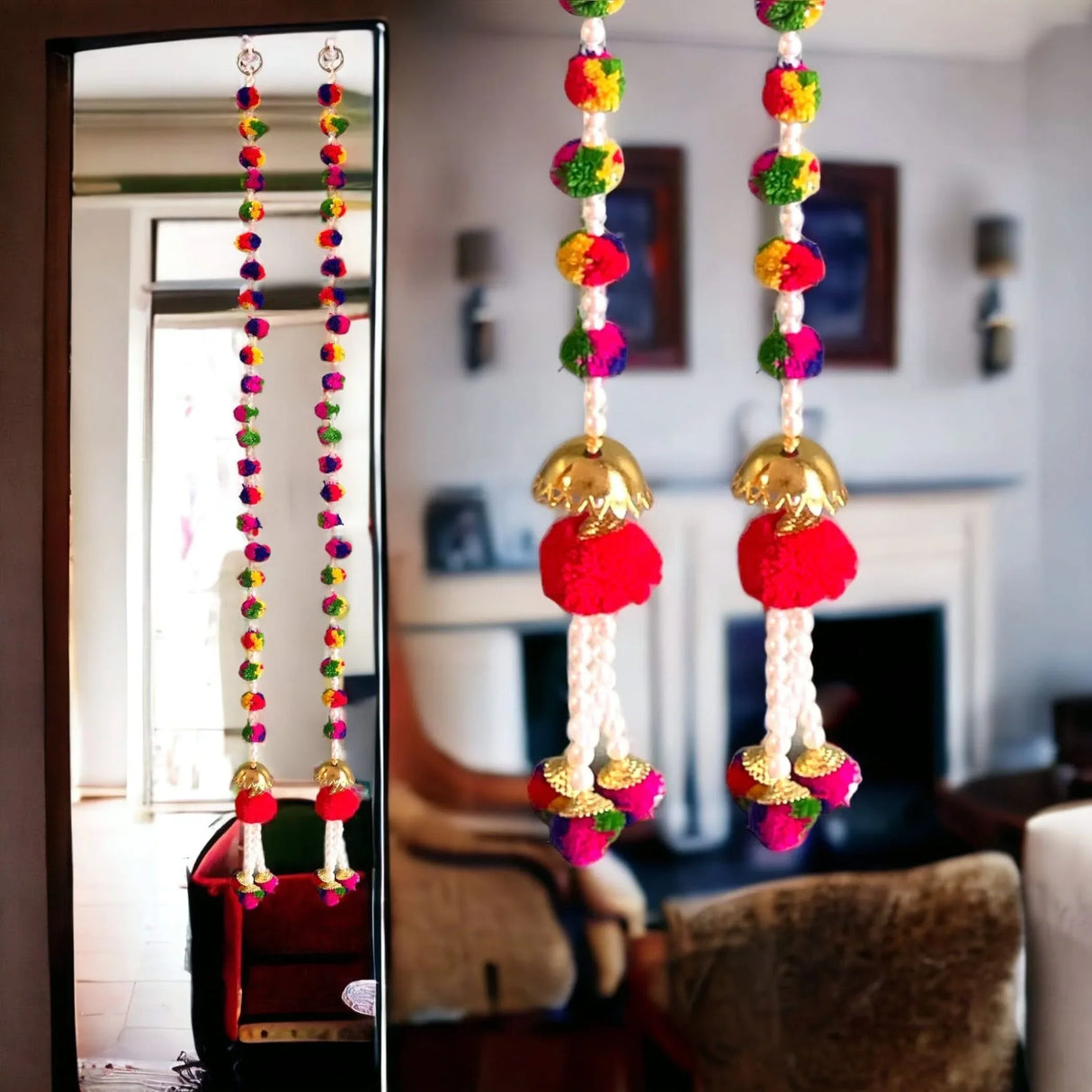 4 Strings Pompom Wall Hanging Party Backdrop Multicolor Pompom Garland Diwali Decoration Indian Wedding Favor Tapestry Wall Hanging Housewarming Gift - LoveNspire