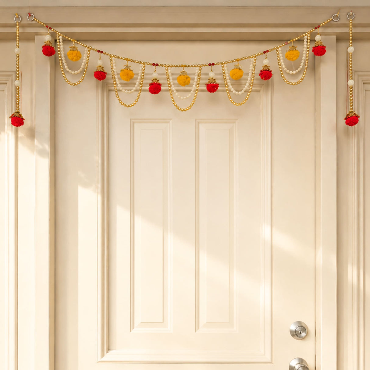 Bead door toran with golden string red and yellow pom-poms white beads and tassels for festive decorations
