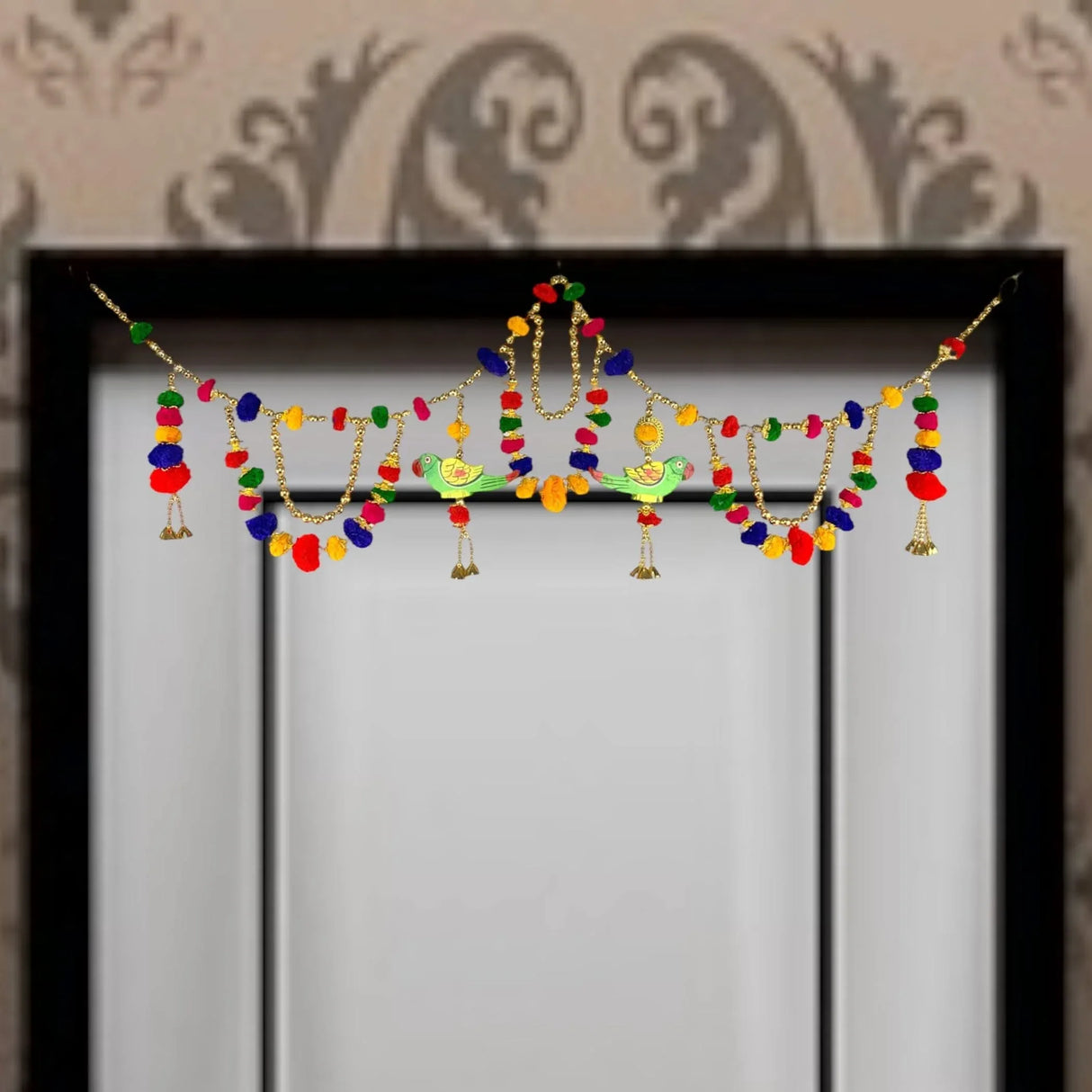40 Inches Parrot Pompom Indian Moti Door Toran Ethnic Hanging Valance Festival Multicolor Window Bandarwal Pooja Decor Wedding Favor Diwali Decoration - LoveNspire