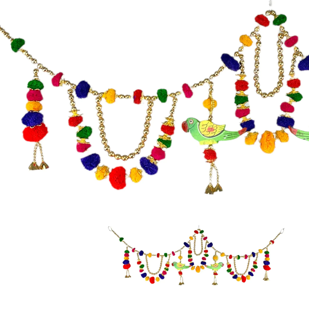40 Inches Parrot Pompom Indian Moti Door Toran Ethnic Hanging Valance Festival Multicolor Window Bandarwal Pooja Decor Wedding Favor Diwali Decoration - LoveNspire
