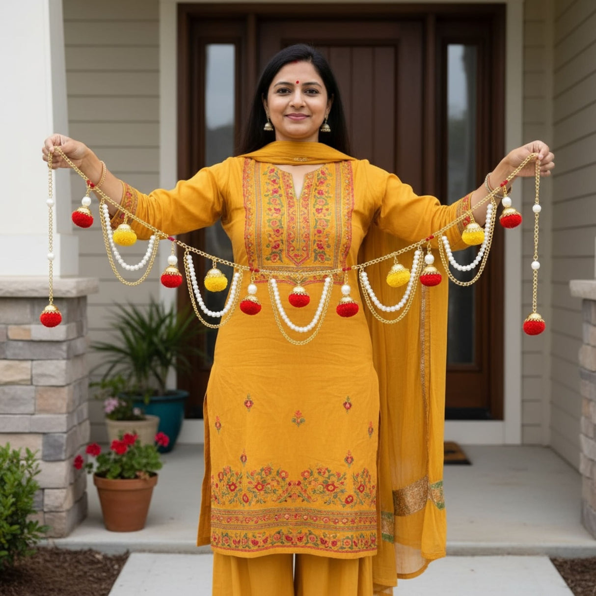 Woman in mustard yellow salwar kameez holding decorative garland with red yellow pom-poms and pearls