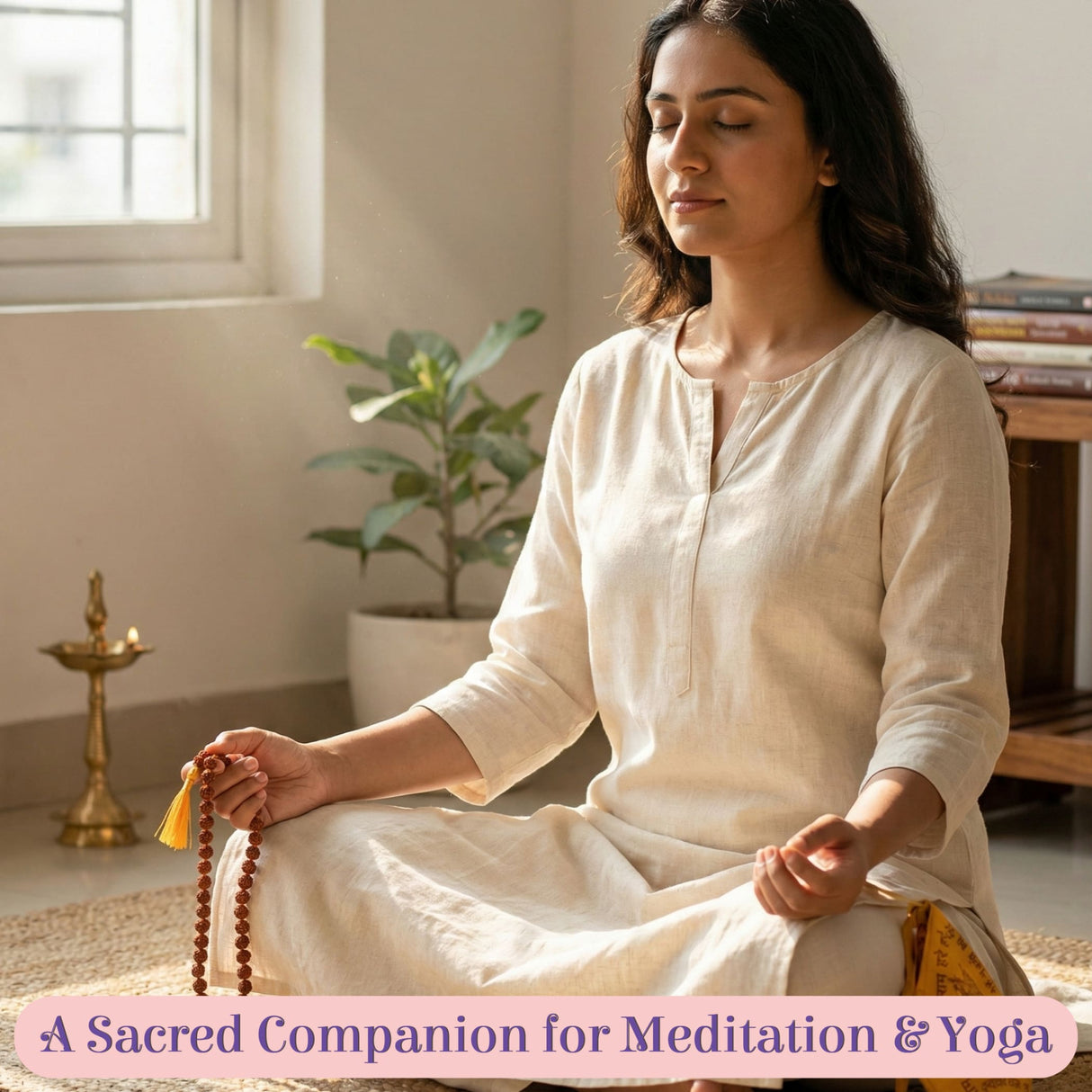 Woman’s hand holding 5-face Rudraksha mala with yellow tassel, 108+1 beads