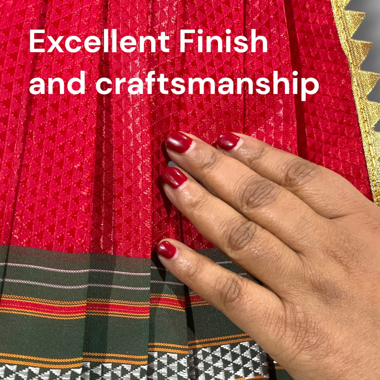 Vibrant red pleated Gudi Vastra with textured weave, striped border, 23.5 inch