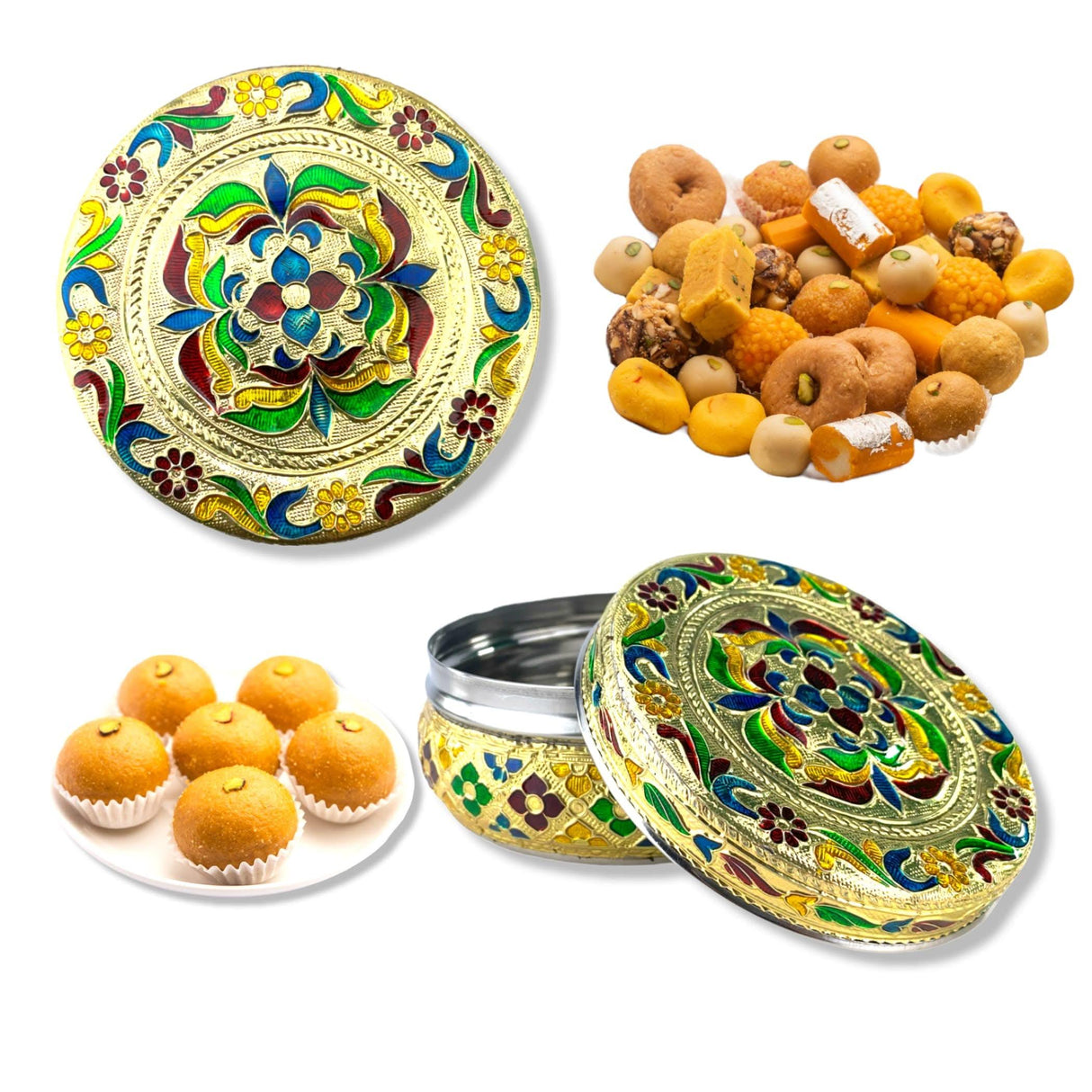 4ct Decorative Sweet Box Stainless Steel Small Round Storage Box Meenakari Container Laddu Box Spice Storage Unique Multipurpose use Box Gift for Guest - LoveNspire