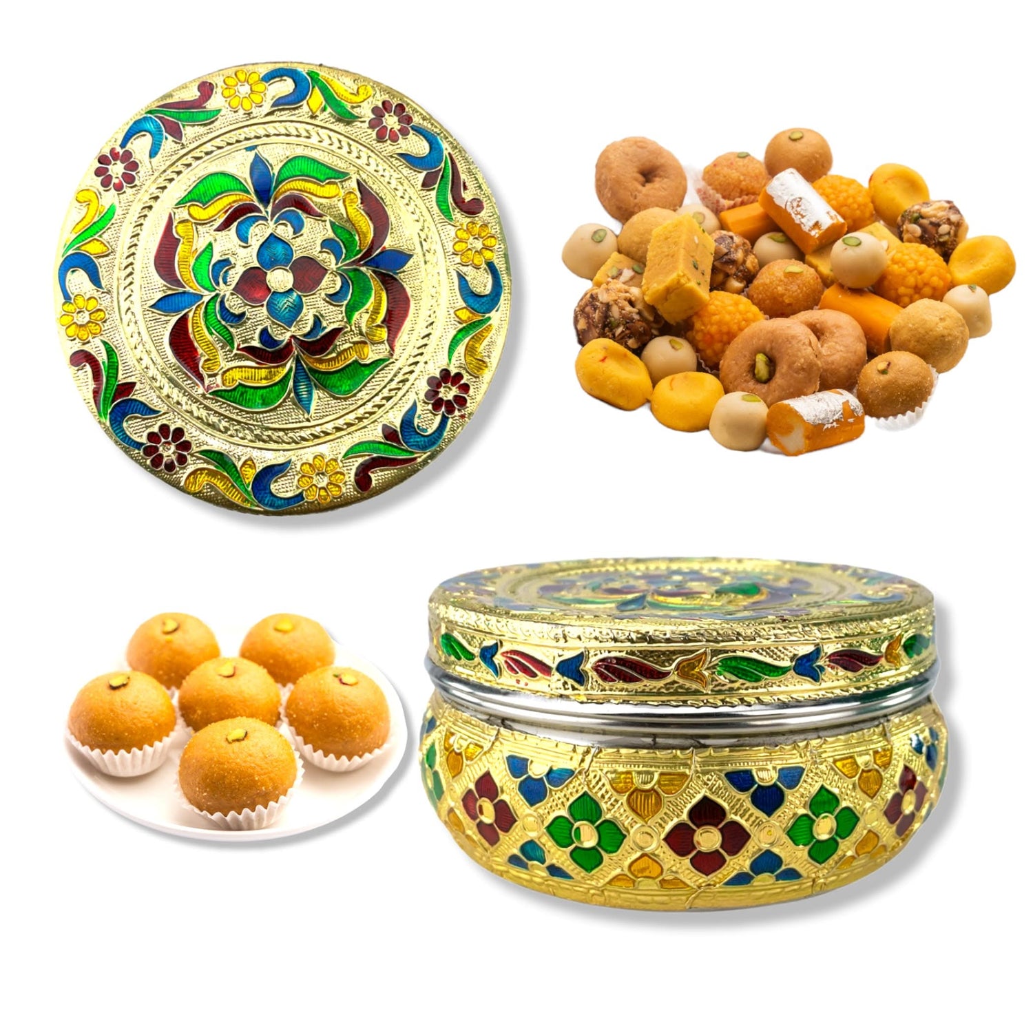 4ct Decorative Sweet Box Stainless Steel Small Round Storage Box Meenakari Container Laddu Box Spice Storage Unique Multipurpose use Box Gift for Guest - LoveNspire