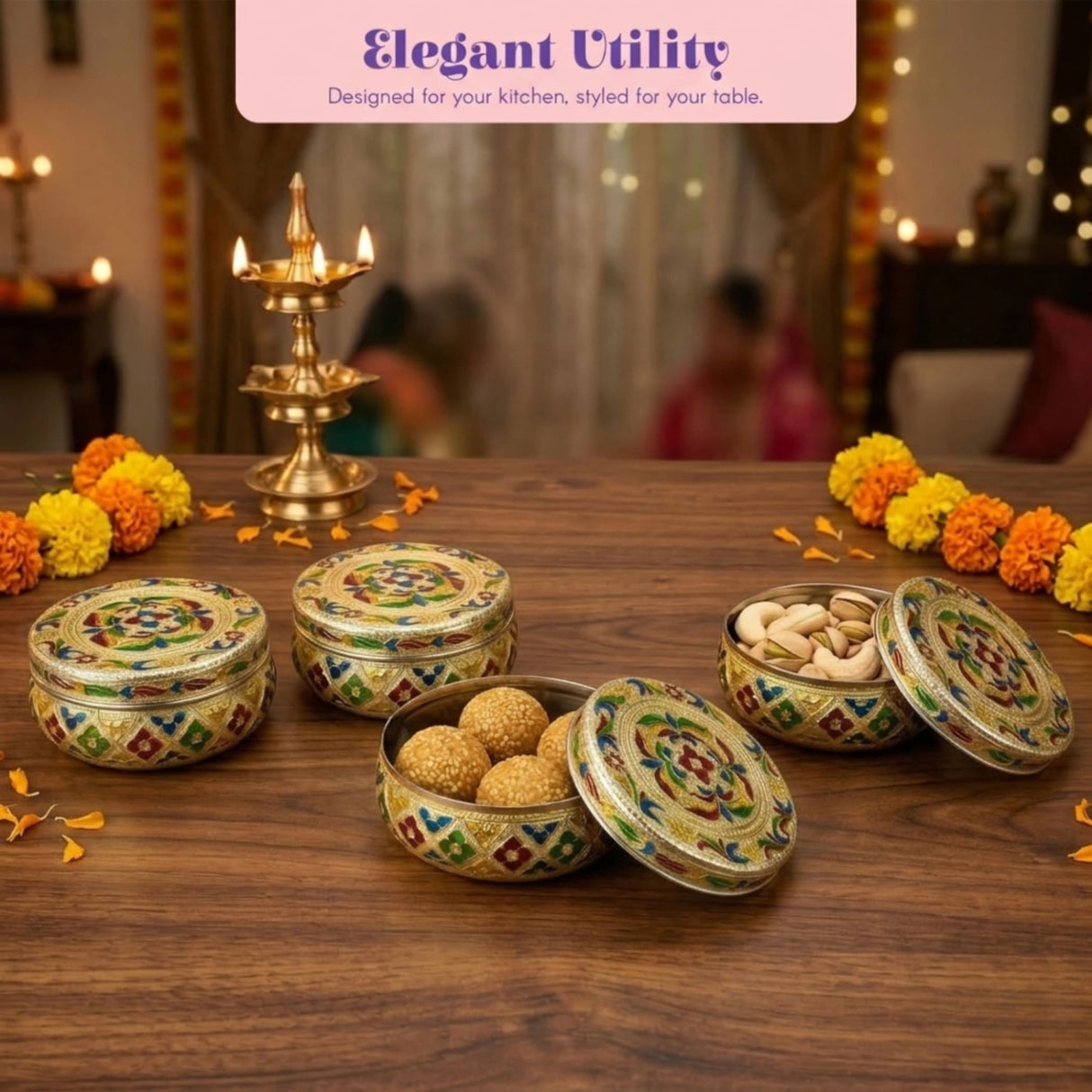 Handcrafted meenakari brass laddu box with vibrant enamel designs