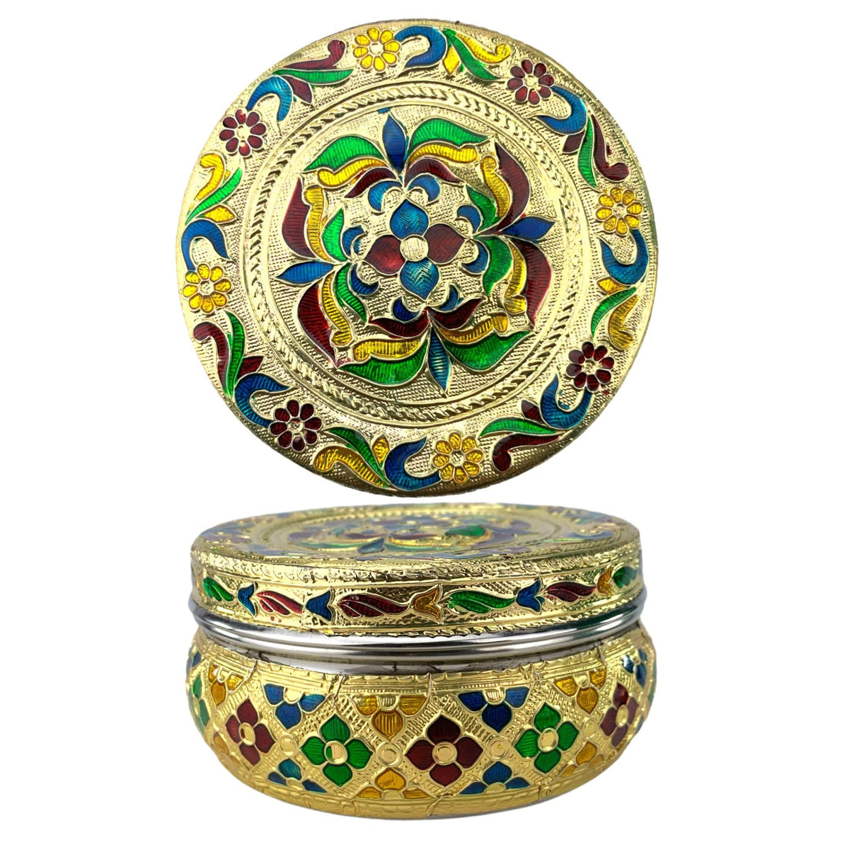 4ct Decorative Sweet Box Stainless Steel Small Round Storage Box Meenakari Container Laddu Box Spice Storage Unique Multipurpose use Box Gift for Guest - LoveNspire