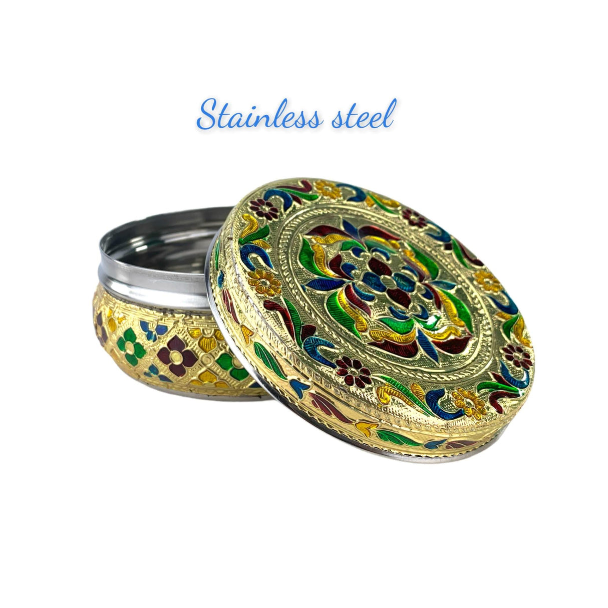 4ct Decorative Sweet Box Stainless Steel Small Round Storage Box Meenakari Container Laddu Box Spice Storage Unique Multipurpose use Box Gift for Guest - LoveNspire