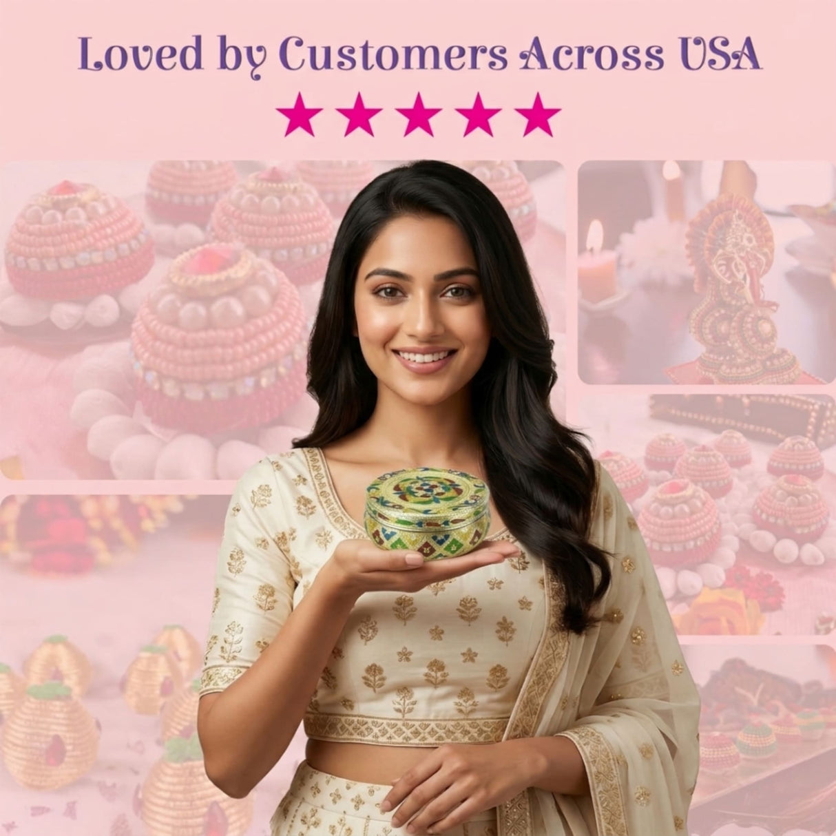 Decorative green gold Meenakari round stainless steel sweet laddu box