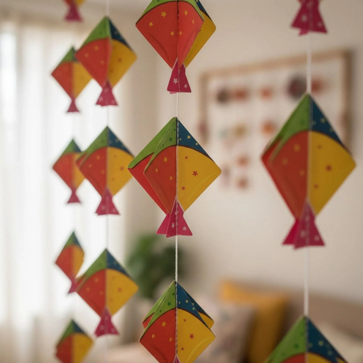4CT Happy Makar Sankranti Mini Kites Frill - Decorative Small Size Kites Cutouts Flying Kites Wall Hanging Strings Sankranthi Pongal Lohri Patang Decorations Paper Kites Strings - LoveNspire