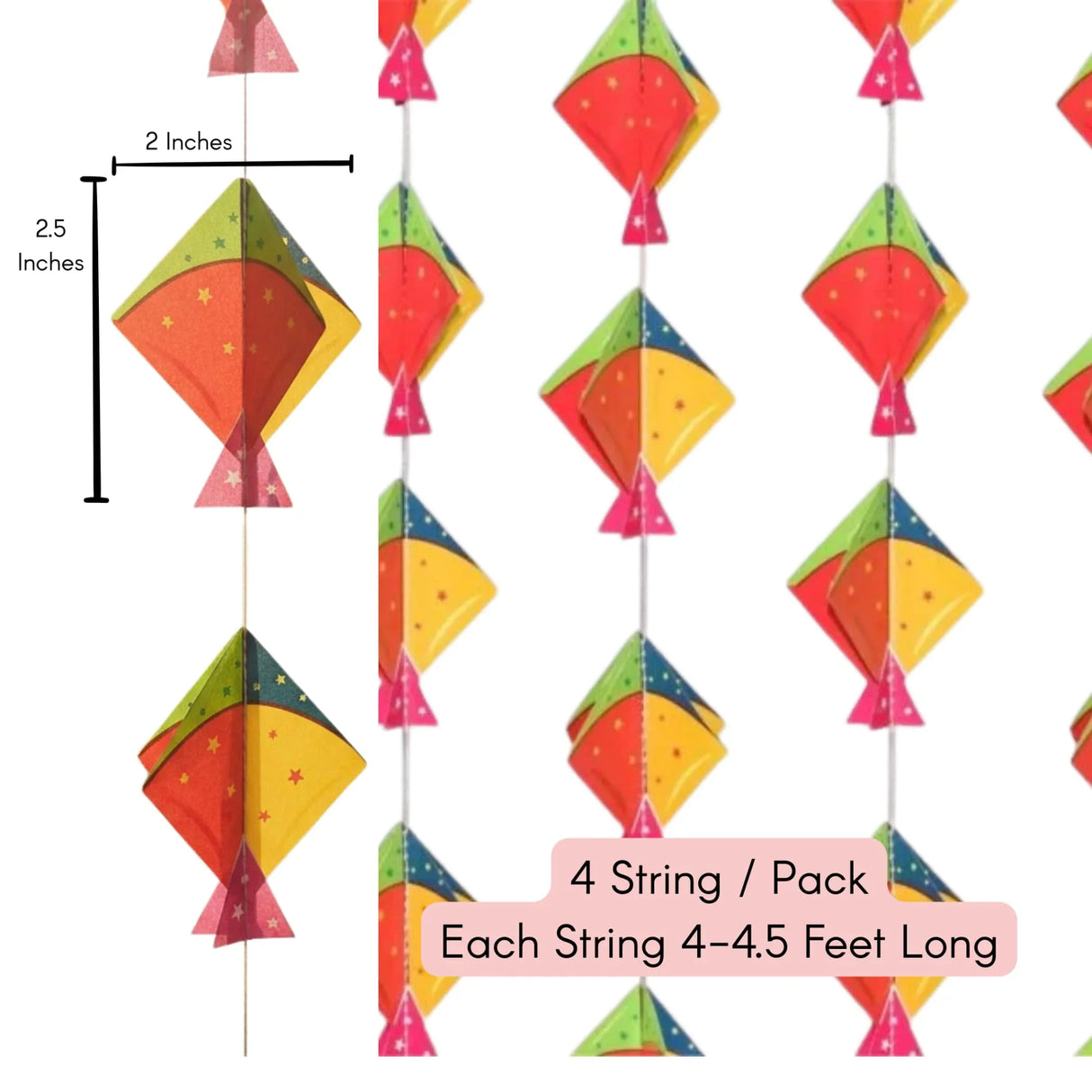 4CT Happy Makar Sankranti Mini Kites Frill - Decorative Small Size Kites Cutouts Flying Kites Wall Hanging Strings Sankranthi Pongal Lohri Patang Decorations Paper Kites Strings - LoveNspire