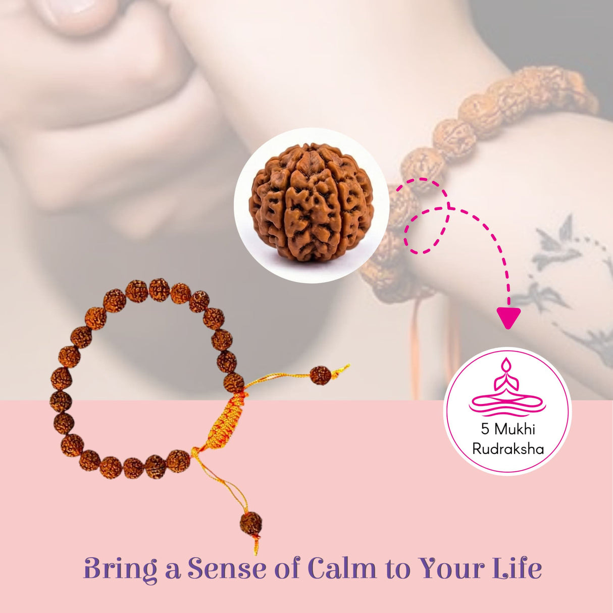 Brown 5 Mukhi Nepali Rudraksha Bracelet, 8.5mm beads on yellow cord