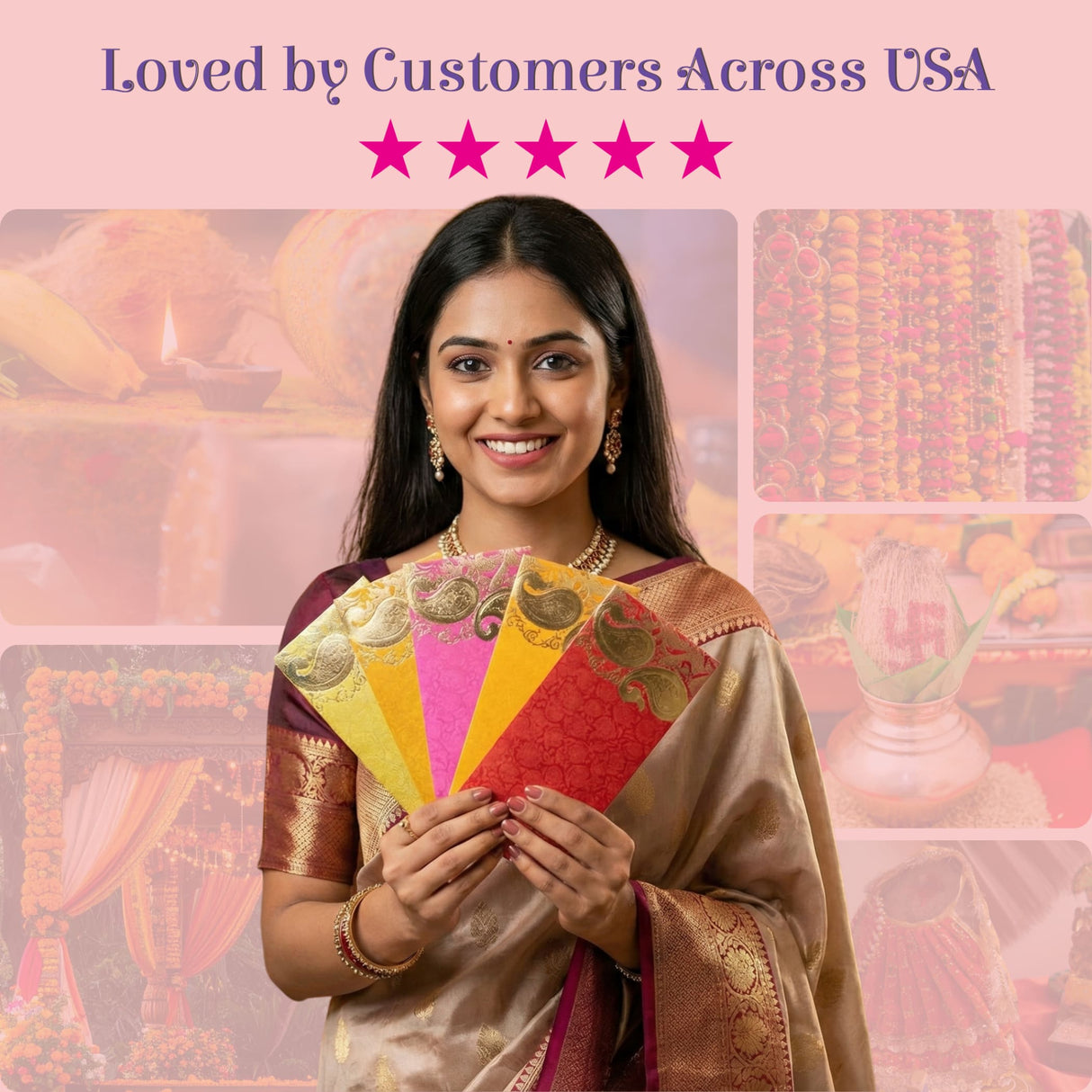 Woman in gold maroon saree holds ornate paisley shagun envelopes