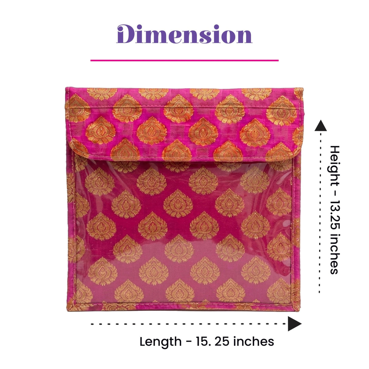 A vibrant pink and gold brocade sari bag with zipper closure and clear plastic front panel for clothes storage and gifting